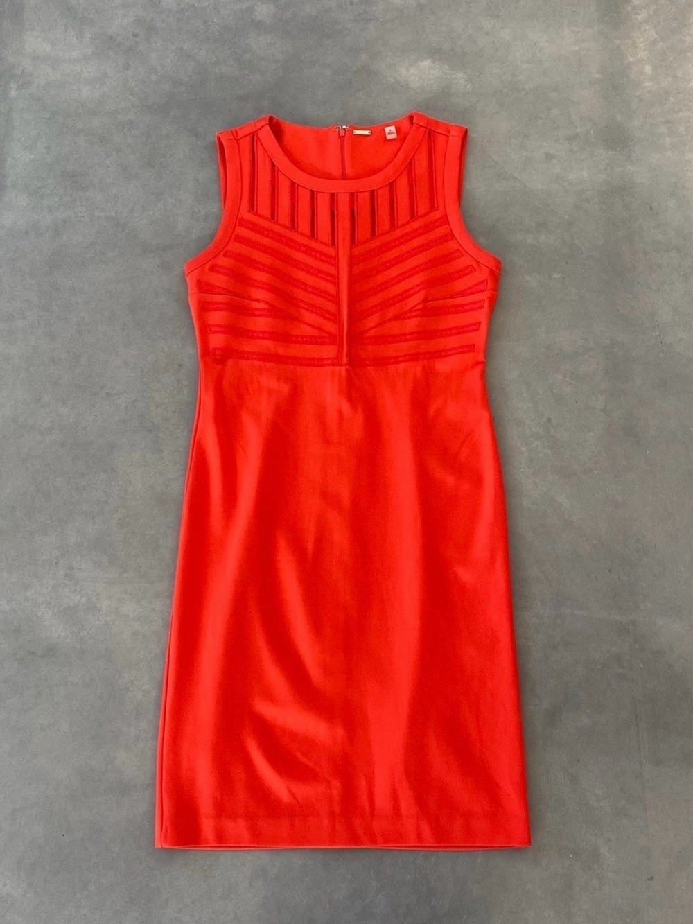 T Tahari Vibrant Red (Coral Orange) Illusion Neck Sheer Mesh Sheath Dress Size 6
